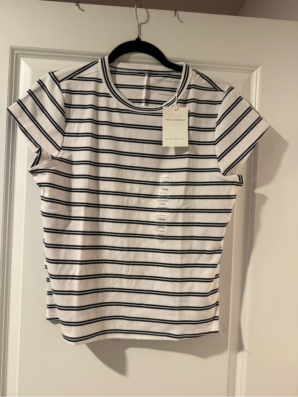 Women's White Black Striped Crew Neck Tee